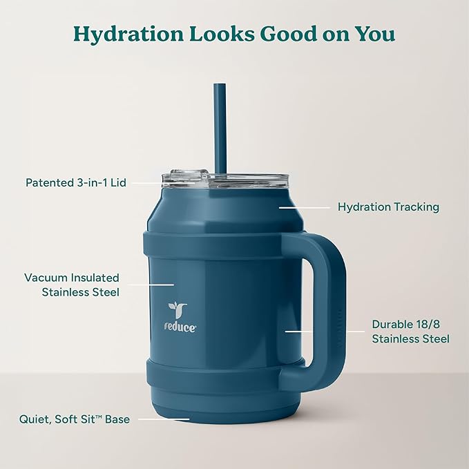 REDUCE Reusable 50 oz Cold1 Water Tumbler – Ergonomic Handle – Double-Wall Insulation – Sturdy Desktop/Tabletop Mug with Lid and Straw – BPA-Free – Stainless Steel for Gym, Home, or Office– Dark Web
