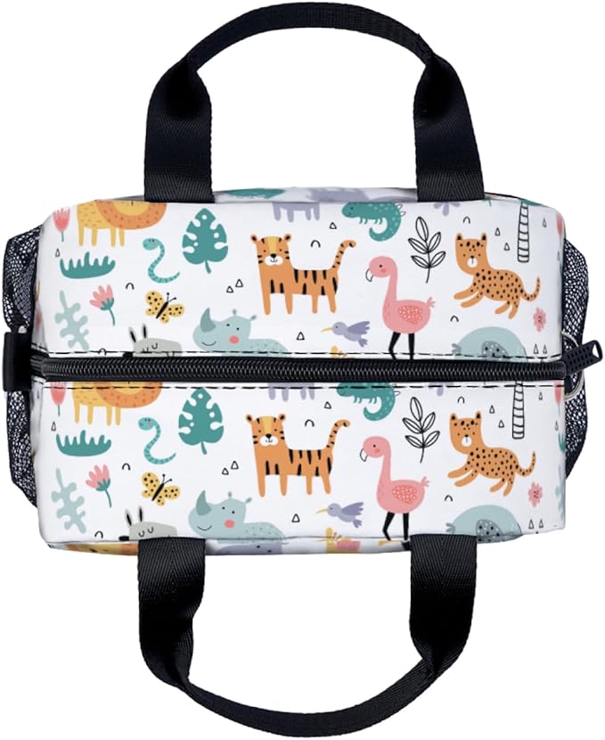 Animal Giraffe Elephant Lion Lunch Bag for Women Men Cute Large Capacity Thermal Lunch Tote Reusable Washable with Adjustable Shoulder Strap and Dual Large Mesh Side Pockets