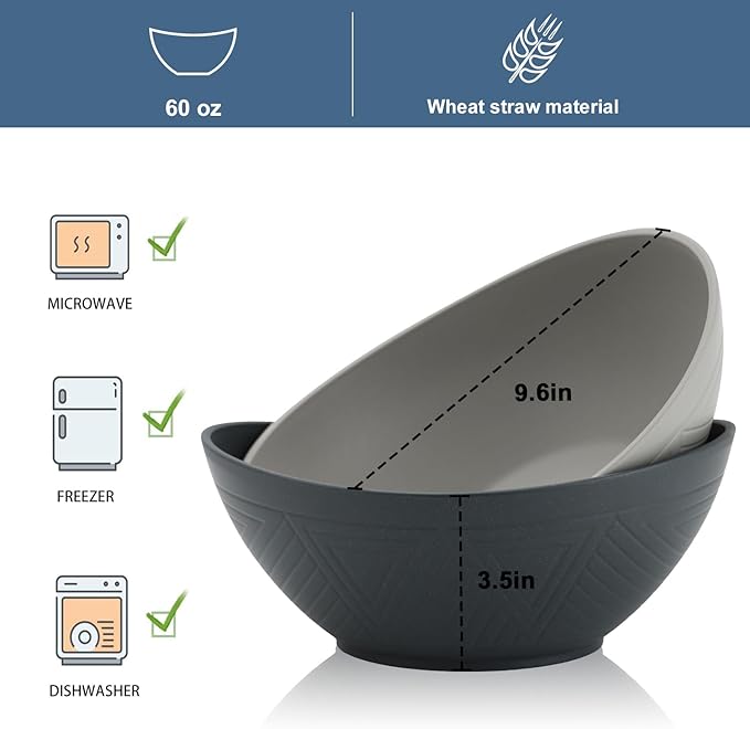 Wrova 65oz Big Wheat Straw Bowls - Large Salad Bowls set of 6 - Unbreakable Serving Bowls - Microwave & Dishwasher Safe - Oval Bowls for Cereal,Salad,Fruit - Classic Series