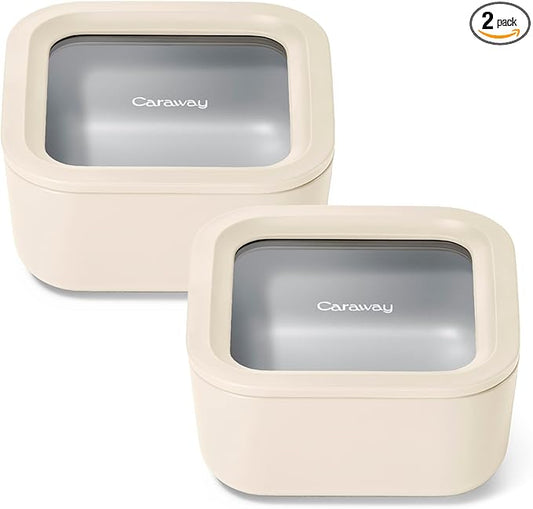 Caraway 2pc Glass Food Storage Set - 4.4 Cup Food Containers (2) - Ceramic Coated - Non Toxic, Non Stick Lunch with Lids - Dishwasher, Oven, & Microwave Safe - Cream