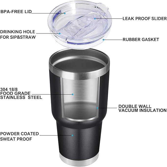 DOMICARE 30 oz Tumbler with Lid and Straw, Stainless Steel Tumblers Bulk, Insulated Vacuum Double Wall Travel Coffee Mug, Durable Powder Coated Tumbler Cups (Black, 4)