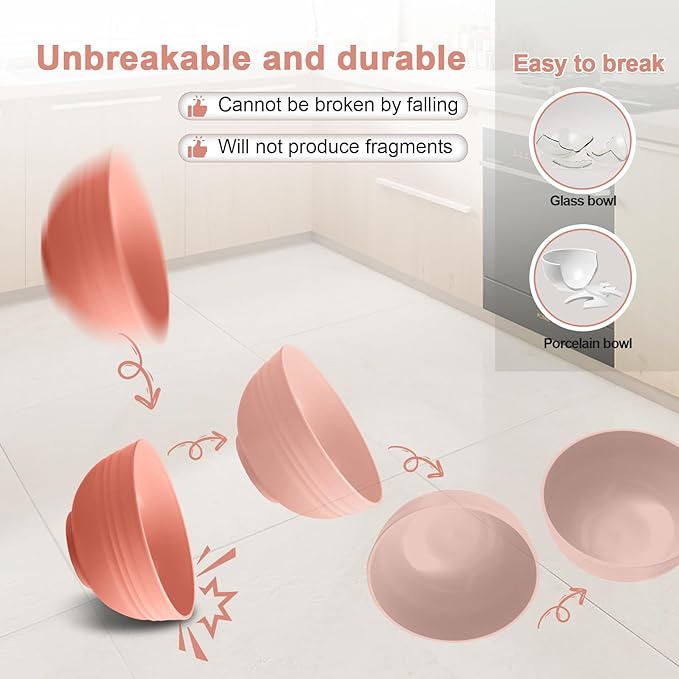 12 Pcs Unbreakable Cereal Bowls Set, 26 Oz Wheat Straw Bowls Set, Microwave & Dishwasher Safe Bowls for Kitchen, Reusable Plastic Bowls for Soup, Salad and Snack, BPA Free, Multicolor