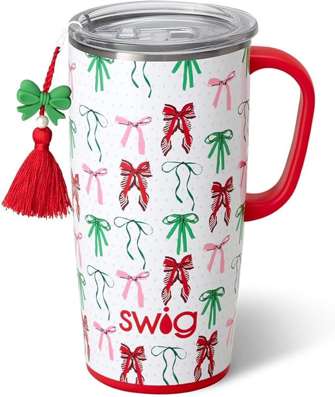 Swig Life 22oz Travel Mug, Insulated Tumbler with Handle and Lid, Cup Holder Friendly, Dishwasher Safe, Stainless Steel, Travel Coffee Cup, Insulated Mug (Ribbons and Bows)