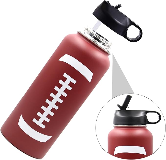 40 oz Football Water Bottle, Metal Thermo Travel Tumbler Sports Flask with 2 Lids, Stainless Steel Double Wall Vacuum Leak Proof Insulated Water Jug, Football Accessories Gifts for Mom Men Boys Girls