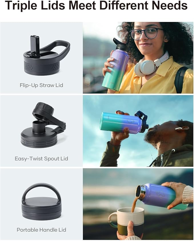 BUZIO 32 oz Water Bottle Insulated with Straw & 3 lid and Carrying Pouch, Leak Proof Anti-Slip Stainless Steel Water Flask Jug, Cold for 48 Hrs Double Vacuum Thermo Canteen, Pearlescent Purple Green