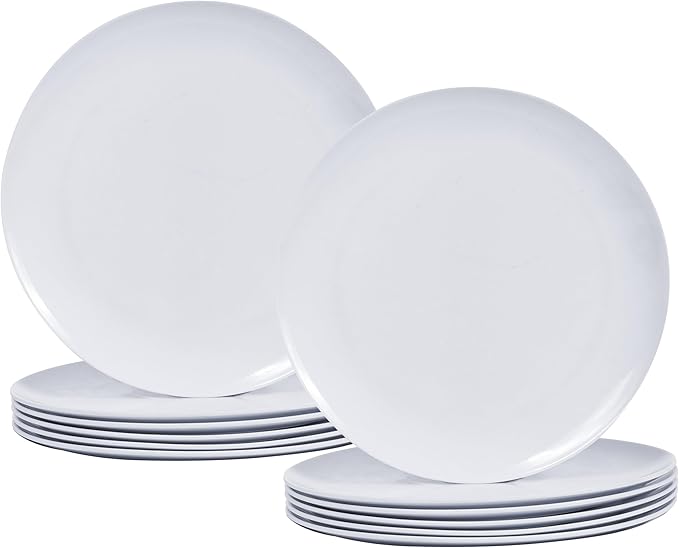 White Melamine Dinner Plates,12pcs Dishes Set,10inch Lightweight Round Plastic Plates,Scratch Resistant Unbreakable Serving Dishes,White