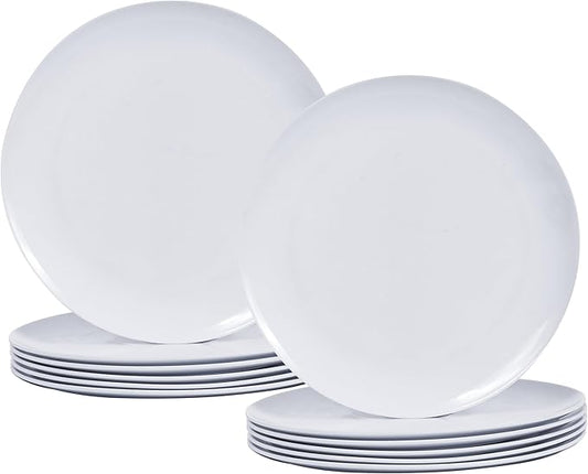 White Melamine Dinner Plates,12pcs Dishes Set,10inch Lightweight Round Plastic Plates,Scratch Resistant Unbreakable Serving Dishes,White