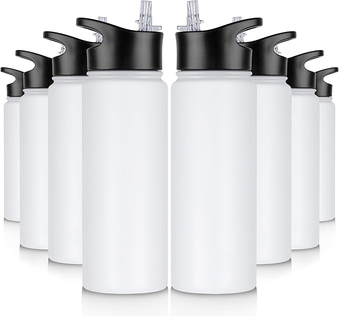 24 oz Insulated Water Bottle Bulk 8 Pack, Stainless Steel Sports Water Bottles with Straw Lid & Wide Mouth Lids, Double Walled Vacuum, Leak Proof, White