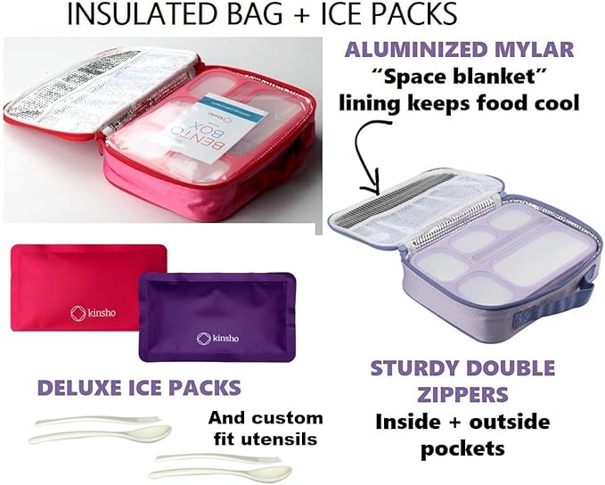Bento Boxes with Bags and Ice Packs Set of 2. Lunch Box Snack Containers for Kids Boys Girls Adults. 6 Compartments, Leak-proof Portion Container Insulated Bag for School Lunches, Pink & Purple