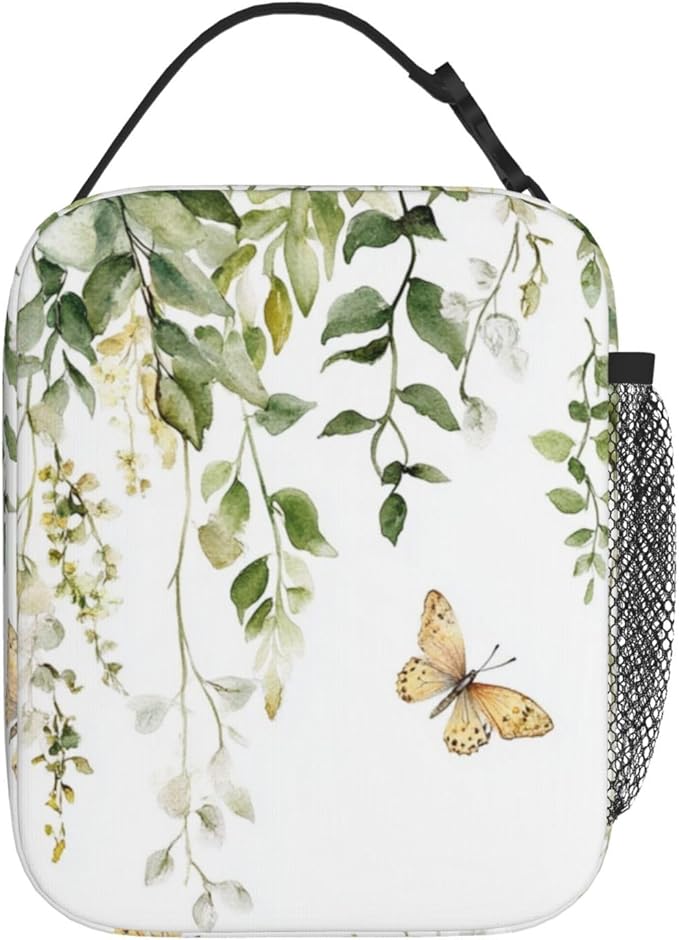 SUPLUCHOM Lunch Bag Butterfly Watercolor Botanical Leaf Insulated Bento Box Cooler with Side Pocket for Girl Boy Women Men Work School Picnic Hiking Daytrip