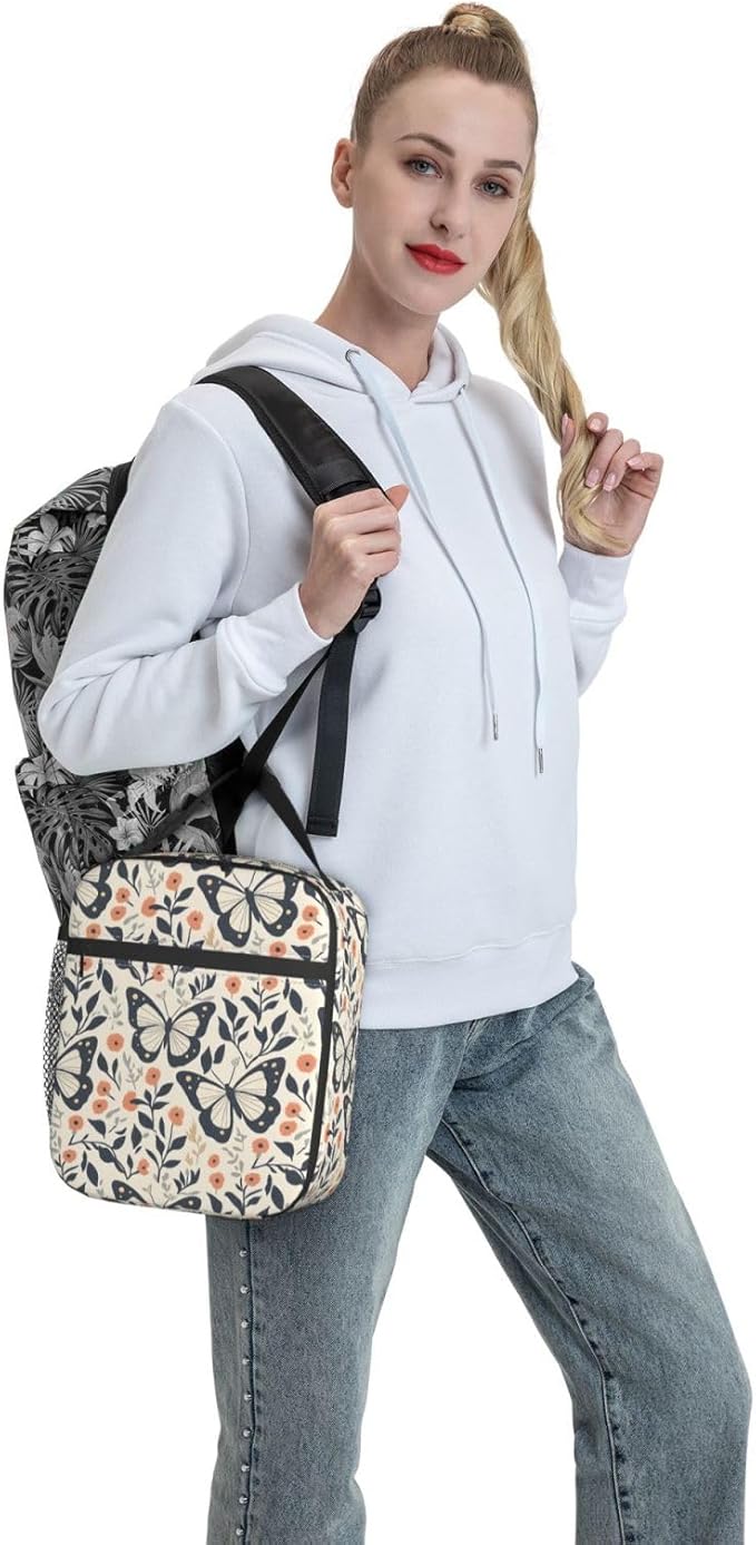 Butterfly Floral Lunch Bag, Polyester Tote Bags with Flower and Leaf, Minimal Vintage Insulated Lunchbox, Portable Lunchbag Decor Gifts for Work, Picnic, School, Travel, Beach or Fishing