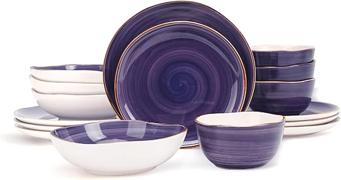 Highland 16-Piece Dinnerware Set Service for 4, Organic Shape Stoneware Plates and Bowls Set, Scratch Resistant, Microwave and Dishwasher Safe, Speckled Effect Handcrafted, Swirl Purple