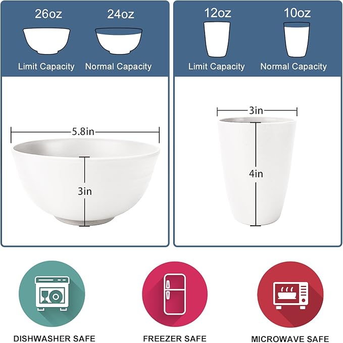 Wrova Wheat Straw Plate and Bowl sets with cups and cutlery set of 64 - Unbreakable Dinnerware service for 8 - Microwave and Dishwasher safe dish sets for kitchen,indoors and out doors.White