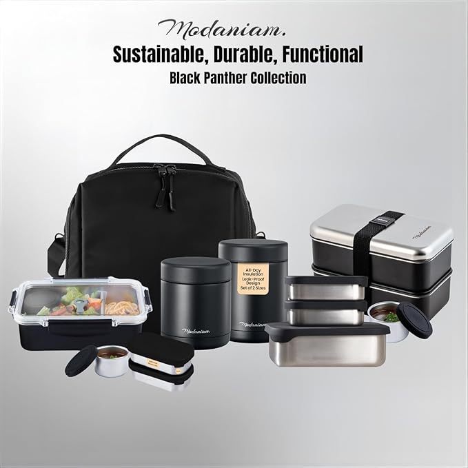 Stainless steel Insulated Food Jars set (16Oz + 12 OZ) wide mouth, Insulated Lunch Containers,Thermal Insulated food container, Hot Food Lunch Container, Hot Lunch Box - BlackPanther