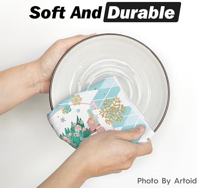 Artoid Mode Blue Nutcrackers Tree Christmas Kitchen Towels Dish Towels, 18x26 Inch Gift Box Snowflake Winter Decoration Hand Towels Set of 2