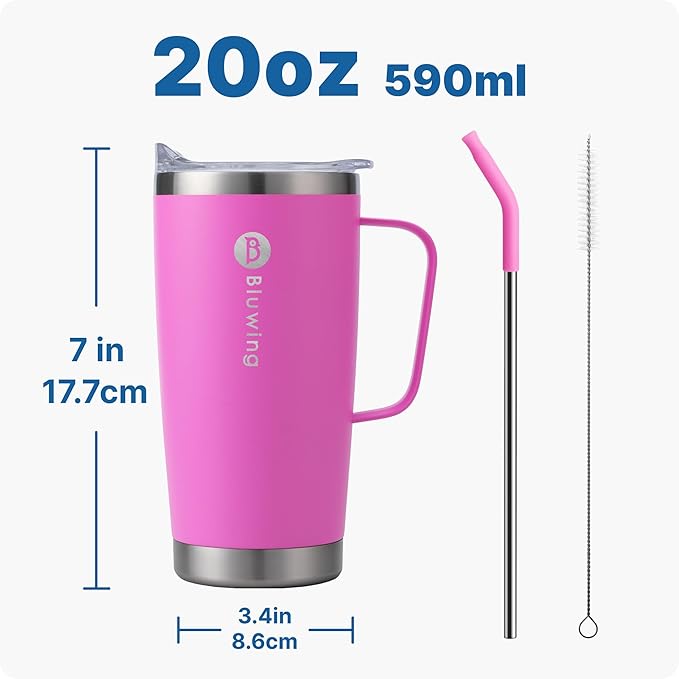 20 oz Insulated Tumbler with Handle Stainless Steel Travel Coffee Mug with Lid and Straw, Double Wall Tumbler Cups for Women and Men, BPA Free (Hot Pink)