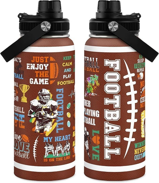American Football Insulated Stainless Steel Water Bottle 32oz, Vacuum Chug Lid Travel Tumbler for Men Friends Dad Football Lovers Fans Coaches, Gift for Birthday Christmas Father's Day