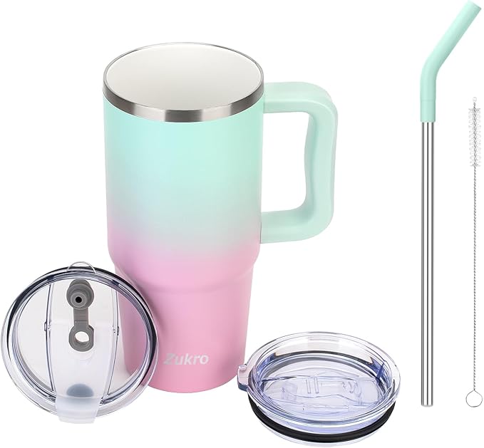 Zukro 24 oz Ceramic Lined Insulated Tumbler with Handle and Straw, No Metal Taste or Smell, Travel Coffee Mug with Spillproof Lids, No Sweat Stainless Steel Cup, Dishwasher Safe, Bubblegum
