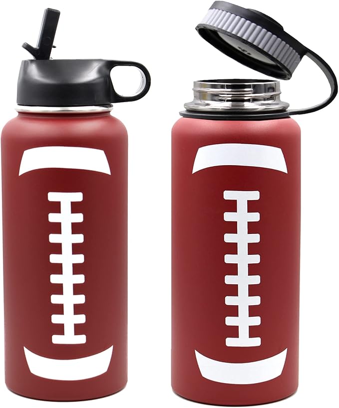 32 oz Football Water Bottle, Metal Thermo Travel Mug Sports Flask with 2 Lids, Stainless Steel Double Wall Vacuum Insulated Leak Proof Water Bottles, Football Accessories Gifts for Mom Men Boys Girls