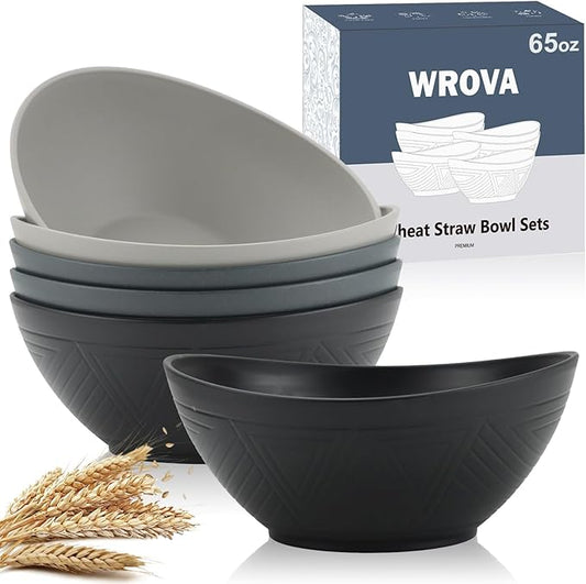 Wrova 65oz Big Wheat Straw Bowls - Large Salad Bowls set of 6 - Unbreakable Serving Bowls - Microwave & Dishwasher Safe - Oval Bowls for Cereal,Salad,Fruit - Classic Series