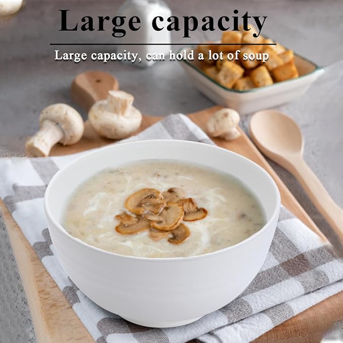 Berglander White Plastic Bowls Set of 12 Pieces 25oz, Reusable and Sturdy Ramen Bowl, Soup Bowls, Cereal Bowl for Adult, Kids, Home, Restaurant, Garden, Picnic, Camping, Poolside, Outdoor