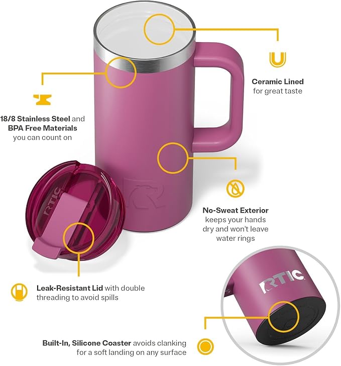 RTIC 16oz Road Trip Travel Mug with Lid and Handle, Ceramic Lined, Insulated, Stainless Steel, Metal, Double Wall Vacuum-Insulation, Portable Coffee, Tea Cup for Hot and Cold Drink, Orchid