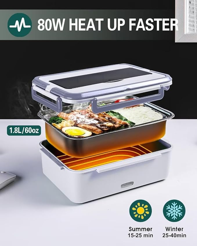 60oz Electric Lunch Box Food Heater 80W, 3 in 1 Heated Lunch Boxes for Adults,Portable Food Warmer Self Heating Box for Men with Large Insulated Lunch Bag for women