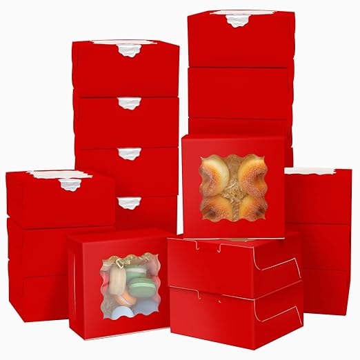 Bakepacker 60pcs Red Bakery Boxes with Window 6x6x3 inches Thick & Cookie Boxes & Sturdy Macaroon Pastry