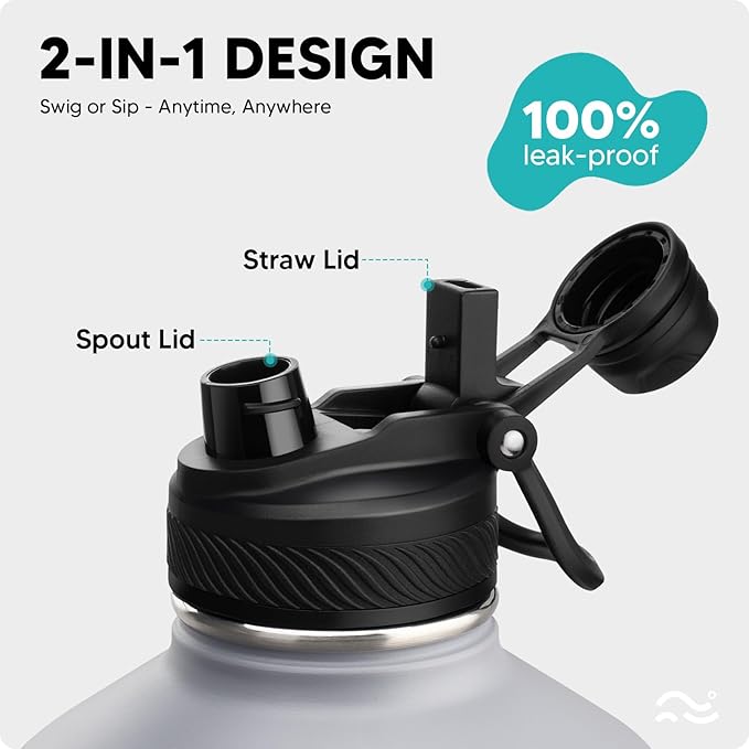 [2-IN-1 LID] Gallon Insulated Water Bottle with Silicone Boot (48hrs Cold/24hrs Hot) - DIY Stickers, Leakproof, BPA Free, 128 oz