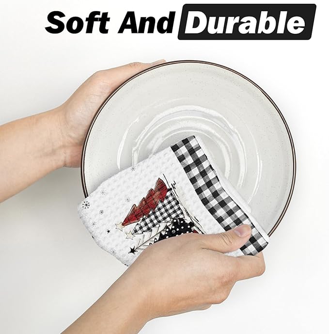 Artoid Mode Black Buffalo Plaid Xmas Tree Christmas Bar Kitchen Towels, 12x24 Inch Quick Dry Microfiber Cloth Dish Towels for Kitchen Drying Set of 2