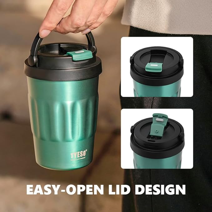 TYESO Stainless Steel Portable Tumbler with Flip Lid,Travel Mug with Concealed Carry Handle, Leakproof Insulated Coffee Cup (BLUE, 13 OZ)