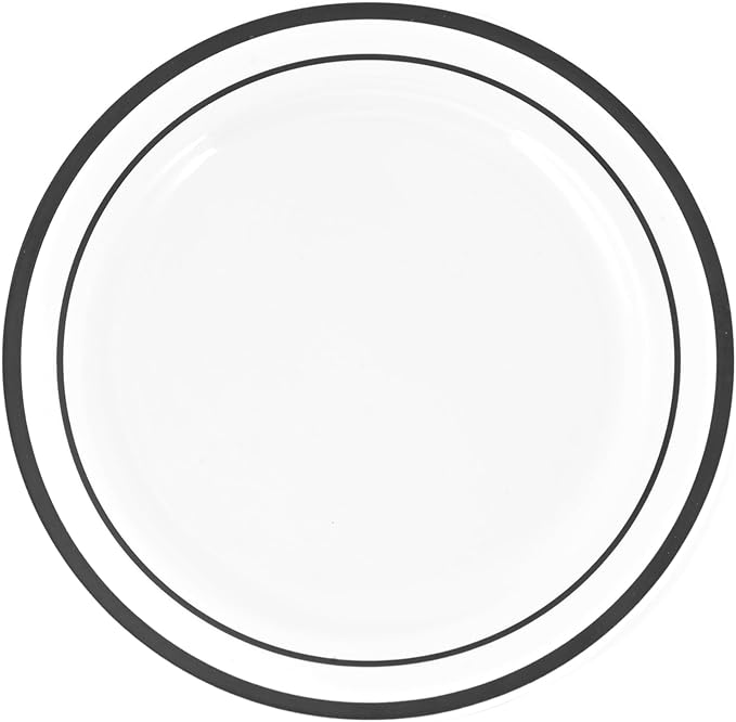 120-Piece Premium Salad Plates Set - Disposable White Plastic With Black Rim for Party and Wedding