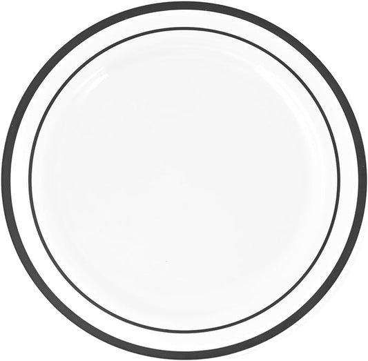 120-Piece Premium Salad Plates Set - Disposable White Plastic With Black Rim for Party and Wedding