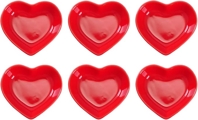 WHJY Red Love Heart Shaped Ceramic Side Dish Bowl, Contemporary Porcelain Side Dishes Bowl, Seasoning Dishes Soy Dipping Sauce Dishes for Wedding Birthday Party- Set of 6