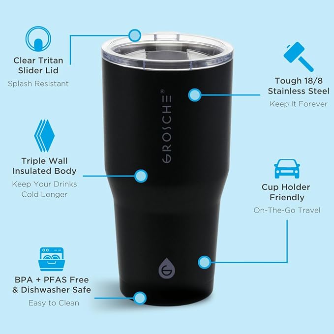 GROSCHE Yukon 20 oz Insulated Coffee Mug with Lid - Durable Travel Mug, Stainless Steel Tumblers, Vacuum Insulated Coffee Tumbler for Hot or Cold Beverages - BLACK