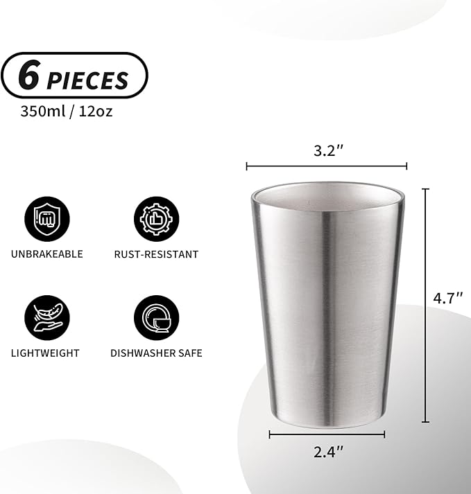 6 Pack 12 oz Stainless Steel Insulated Cup, Double Wall Vacuum Small Metal Cup, Reusable Camping Cups Unbreakable Indoor Outdoor for Party, Home, Office, BBQ, Silver