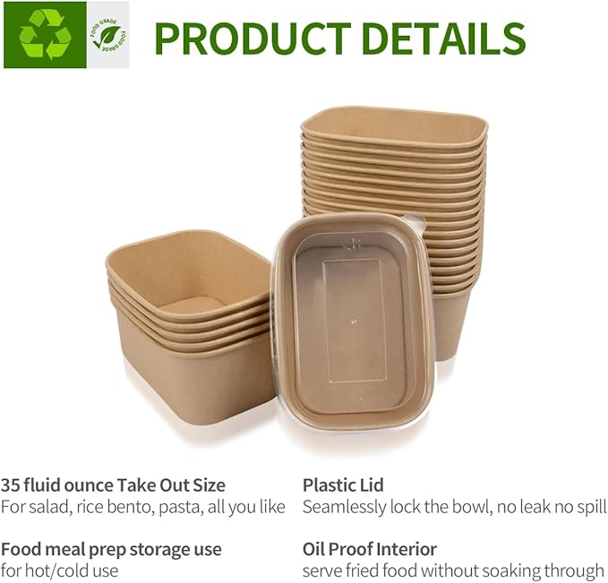 50 Pack 35 oz Paper Meal Prep Containers Disposable, Paper Food Containers with Lids Take Out Containers Microwavable and Freezable for Hot/Cold Use