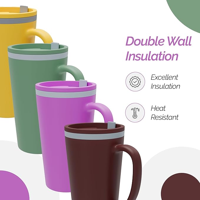 Copco Cone Desk Mug, 16 Ounce (Set of 4) - Double Wall Insulated Mug Set with Lid and Handle, Microwave & Dishwasher Safe, BPA-Free Mug, Desk-Friendly & Car Cup Holder Compatible (Assorted Colors)