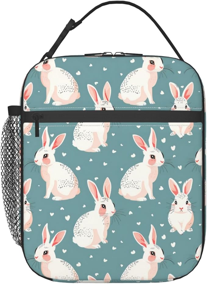 Reusable White Rabbit Lunch Box for Kids Girls Boys Women Adult, Insulated Cute Bunny Lunch Bag,Polyester Cooler Handbags Case for School Picnic Work Travel Beach or Hiking