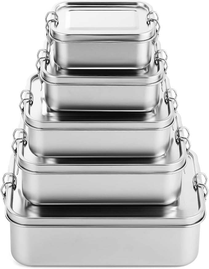 Umigy 5 Pcs Stainless Steel Food Containers 550/850/1200/1400/2400 ml Metal Bento Lunch Box Stainless Steel Food Storage Containers, Lockable Clips to Leak Proof, Reusable Dishwasher Snack Boxes