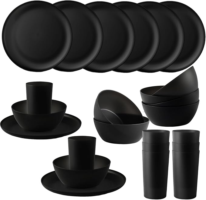 24pcs Dinnerware Sets,Plastic Plates and Bowls Sets,Dishes Set for 8,Unbreakable Modern Dish Sets,Reusable Dinning Set,Dishware Sets for Kitchen,Party or Picnic, Dishwasher Safe,Black,BPA free