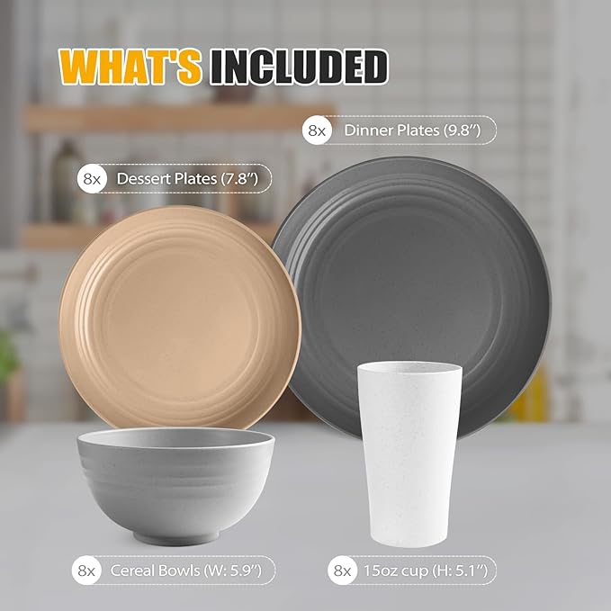 Teivio 32-Piece Kitchen Plastic Wheat Straw Dinnerware Set, Service for 8, Unbreakable Plates, Bowls and Cups Set, Farmhouse Outdoor Camping Dishes for Rustic Life/Country/Vintage, Country