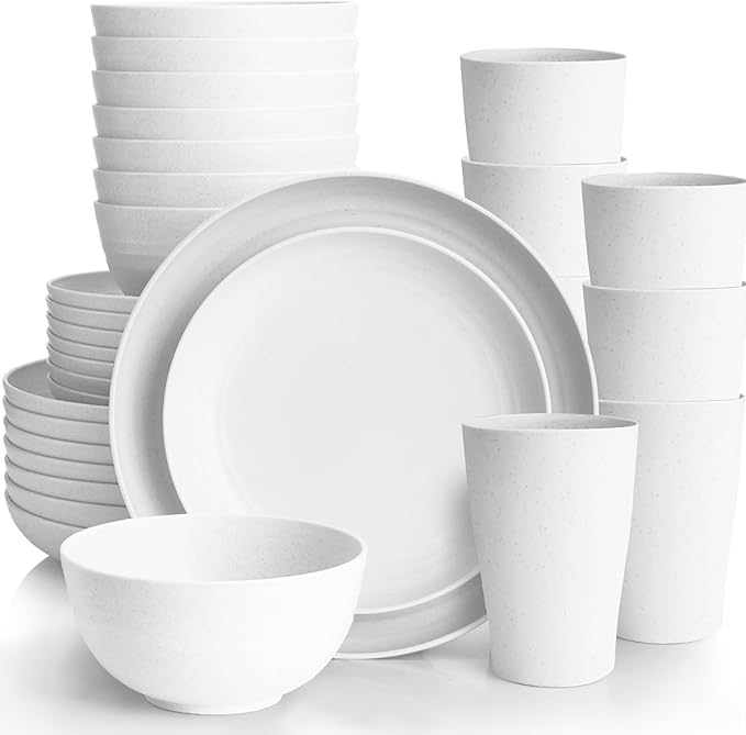 White Plate Set Dishes Set for 8 includes Dinner Plates,Pasta Bowls,Soup Bowls and Drinking Cups,Unbreakable White Dining Dishware Sets Microwave Dishwasher Safe For Kitchen Dorm Office Outdoor,32PCS