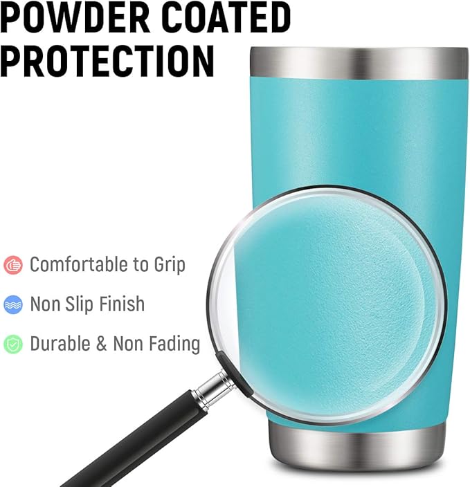 COMOOO 20oz Double Wall Vacuum Insulated Travel Mug, Stainless Steel Tumbler with Lid, Durable Powder Coated Insulated Coffee Cup for Cold & Hot Drinks, Light Blue