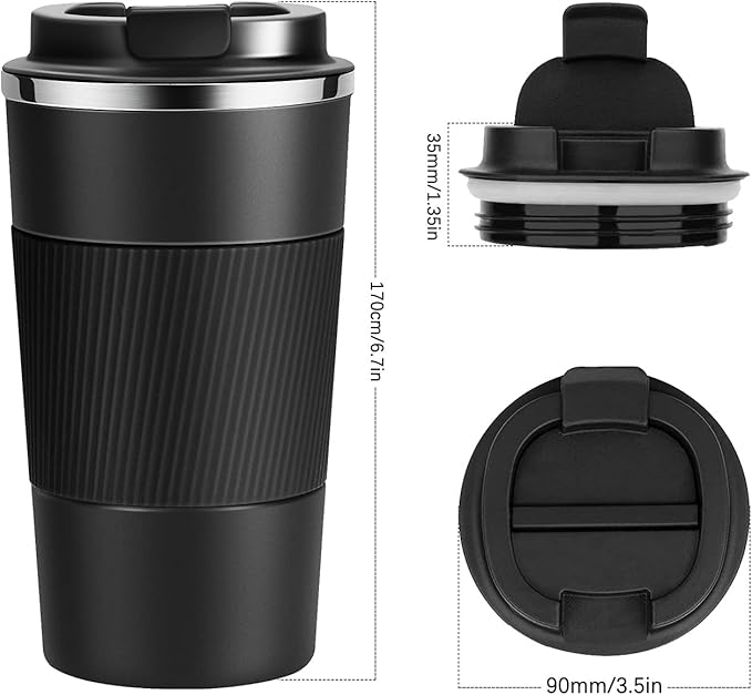 17oz Travel Coffee Cups Insulated Mug Thermal Tumbler to Go with Lid Leak Proof Reusable Stainless Steel Coffee Mug Spill Proof for Hot and Iced Cold Drinks (Black, 510ml)