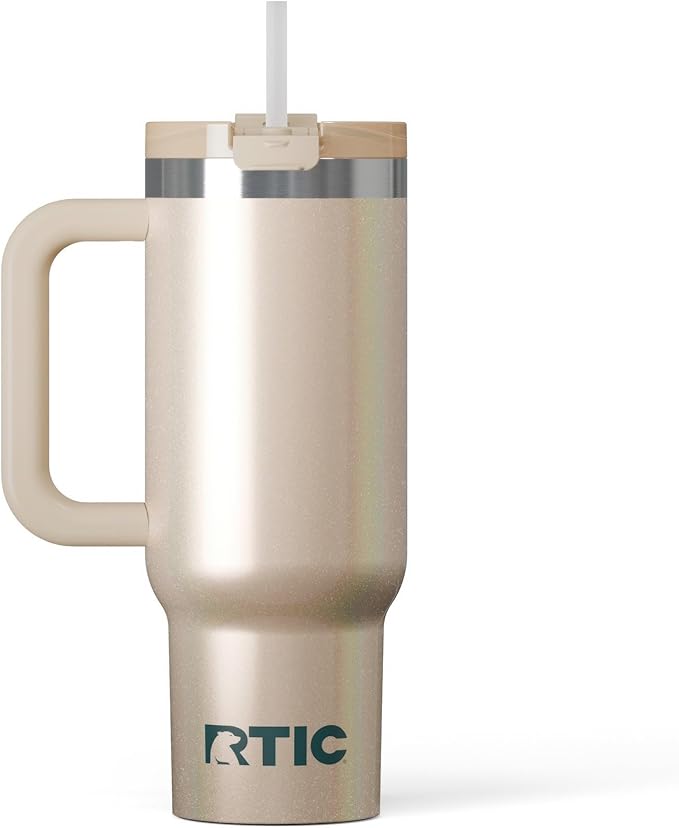 RTIC 30 oz Road Trip Tumbler Double-Walled Ceramic Lined InsulatedStainless Steel Portable Travel Coffee Mug Cup with Lid, Handle and Straw, Beach Glitter