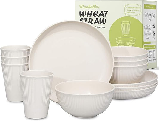 12pcs Wheat Straw Dinnerware Sets, Kitchen Unbreakable Wheat Straw Plates and Bowls Sets for College Dorm Apartment Reusable Beige