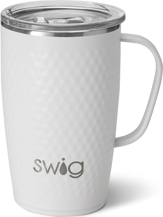 Swig Life 18oz Travel Mug, Insulated Tumbler with Handle and Lid, Cup Holder Friendly, Dishwasher Safe, Stainless Steel, Travel Coffee Cup (Golf Ball)