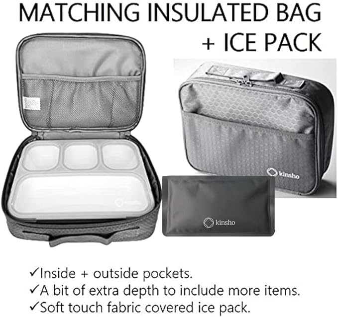 Bento-Box with Lunch Bag and Ice Pack Set. Containers for Kids Adults Boys Girls Snacks and Lunches. 4 Compartments, Divided Portion Container Boxes with Insulated Bags for School, Grey