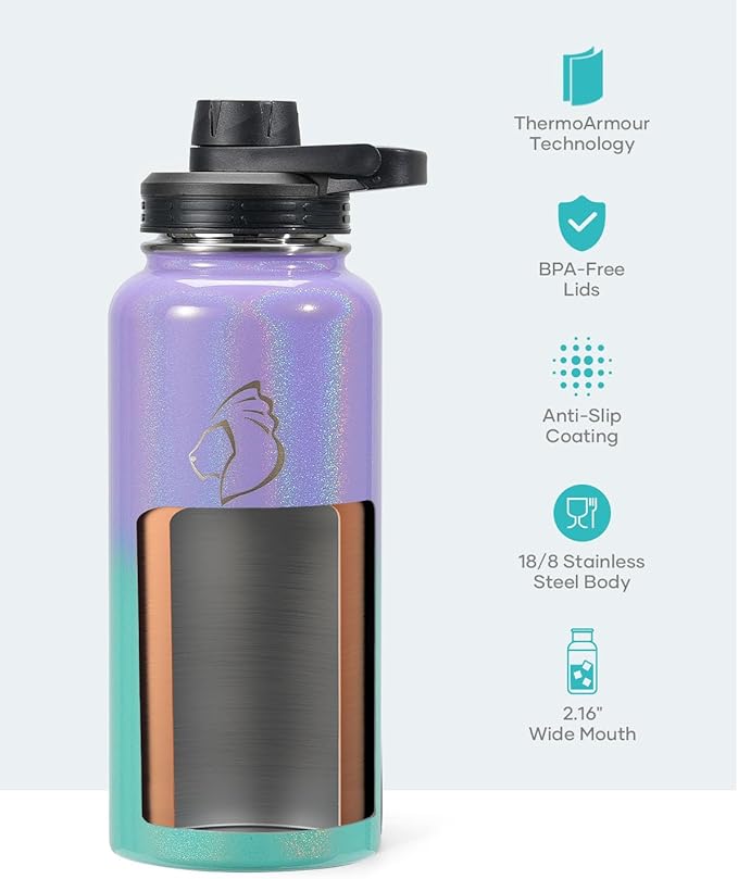 BUZIO 32 oz Water Bottle Insulated with Straw & 3 lid and Carrying Pouch, Leak Proof Anti-Slip Stainless Steel Water Flask Jug, Cold for 48 Hrs Double Vacuum Thermo Canteen, Pearlescent Purple Green